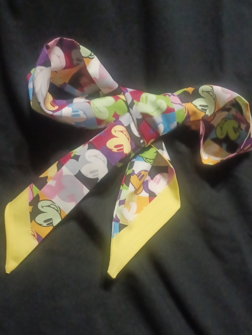 Colorful Multi-Print Twilly Scarf with Yellow Tips